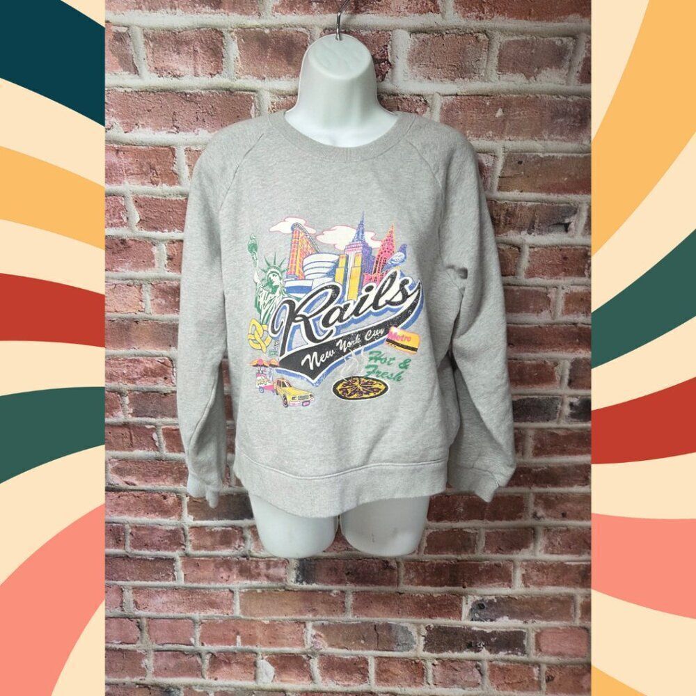 Rails Gray NEW YORK Ragland Sweatshirt – Vintage Crew Neck, Men’s Large